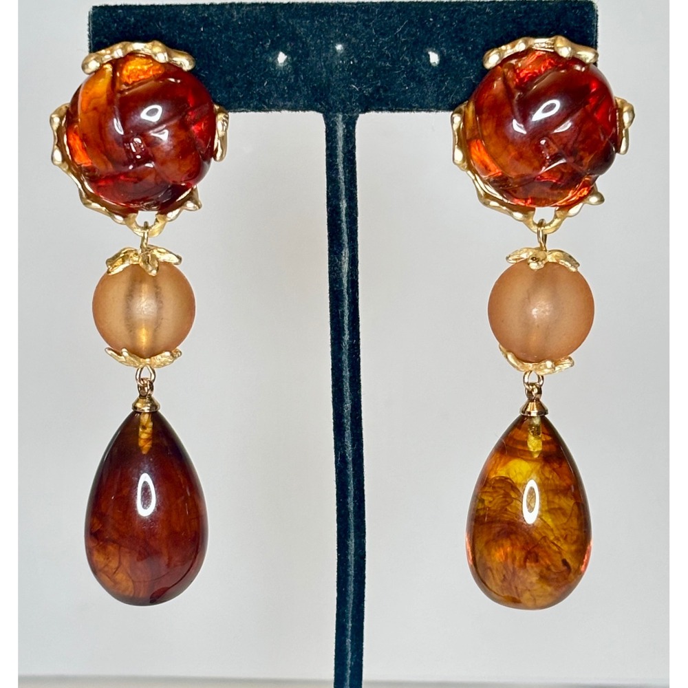 Vintage 1980s Chunky Earrings Acrylic Orange Brown Marbled Teardrop Statement